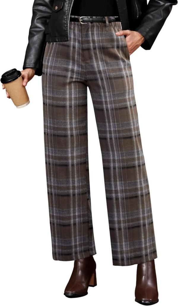 Plaid Pants for Women Wide Leg High Waisted Tartan Work Business Casual Elastic Waist Trousers Pants with Pocket
