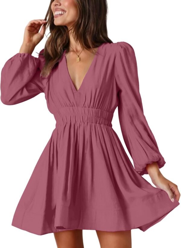 Mini Deep V Sexy Long Sleeve Dress for Women A-line High Waisted Casual Flowy Dress for Cocktail Wedding Guest