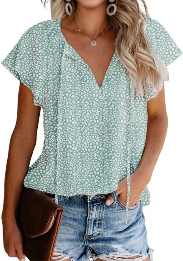 Women's Casual Floral Print V Neck Ruffle Short Sleeve Summer Shirts Tops Loose Blouses