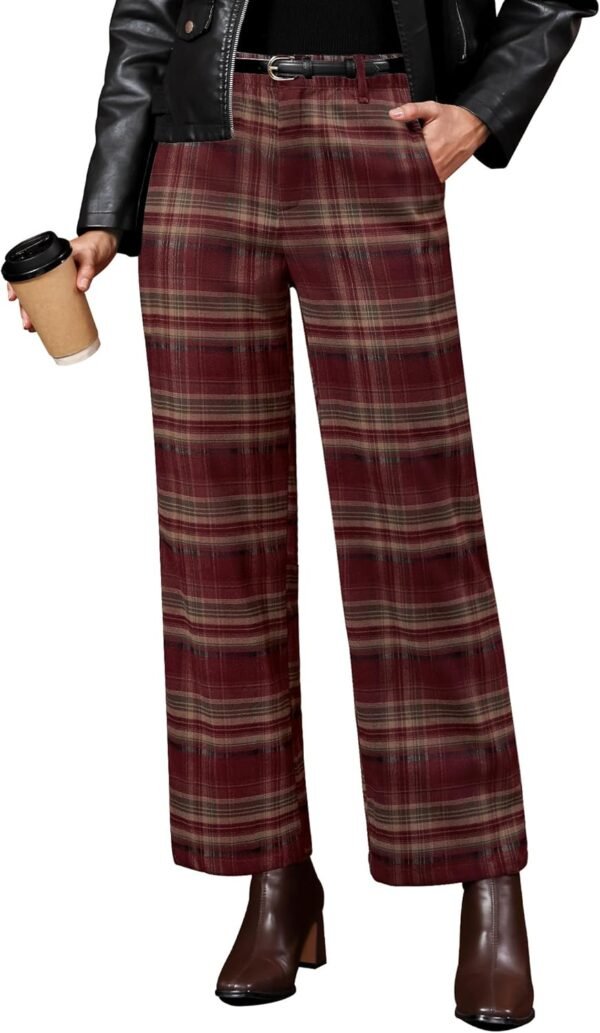 Plaid Pants for Women Wide Leg High Waisted Tartan Work Business Casual Elastic Waist Trousers Pants with Pocket