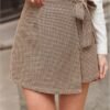 Women's Houndstooth Print Tie Front Skorts Asymmetrical Hem High Waist Skirt Shorts