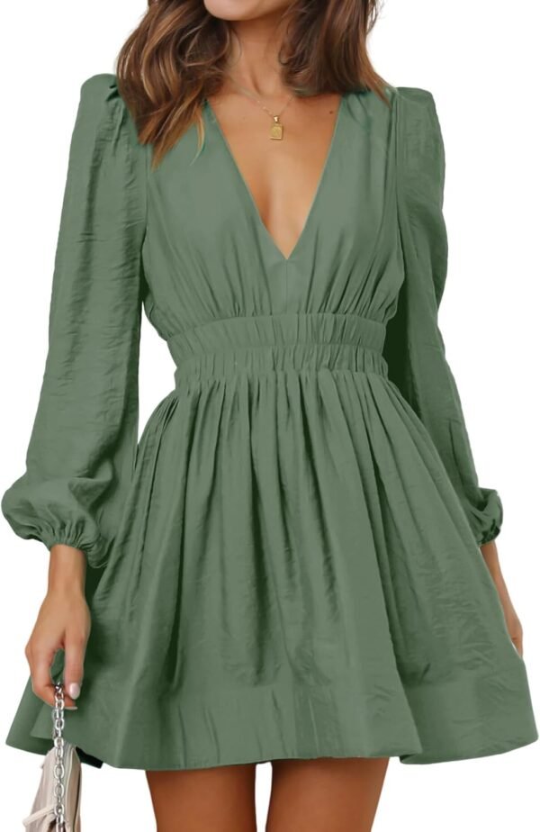 Mini Deep V Sexy Long Sleeve Dress for Women A-line High Waisted Casual Flowy Dress for Cocktail Wedding Guest
