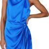 Women's Short Formal Satin Dress Summer Sleeveless Mock Neck Tie Waist Cocktail Party Dresses