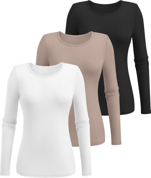 3 Pack Women's Ribbed Long Sleeve Tops. Crew Neck Slim Fit Undershirts Knit Basic Casual Stretch Layering Tee Shirts