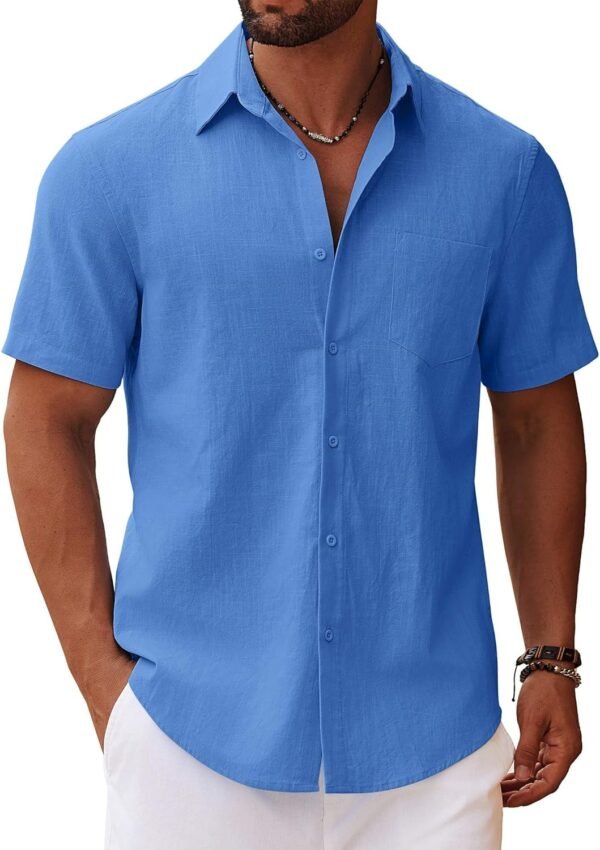 Men's Button Down Short Sleeve Shirt Casual Cotton Summer Beach Linen Wedding Shirts with Pocket