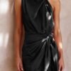 Women's Short Formal Satin Dress Summer Sleeveless Mock Neck Tie Waist Cocktail Party Dresses