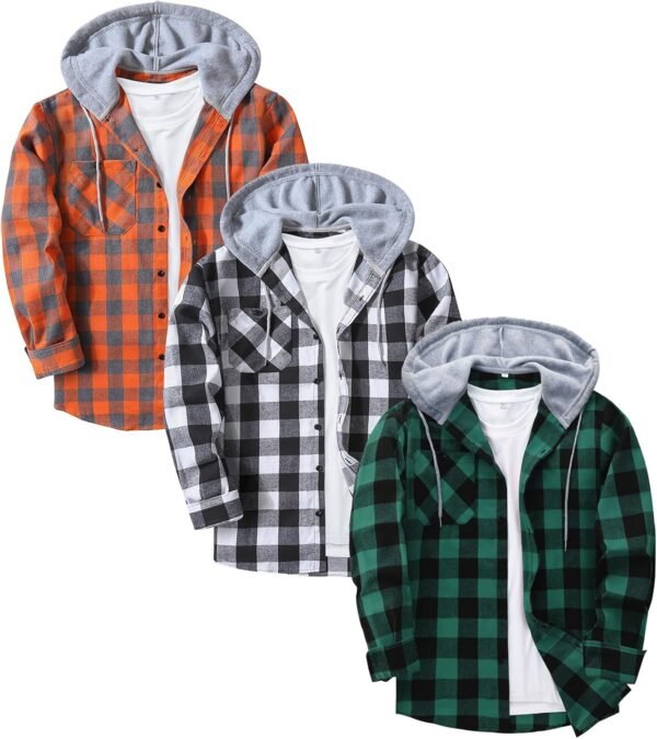 3 Pack Men's Flannel Hoodie Shirts Long Sleeve Casual Vintage Button Down Plaid Shirt Jacket with Pocket