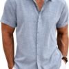 Men's Linen Shirts Short Sleeve Casual Shirts Button Down Shirt for Men Beach Summer Wedding Shirt
