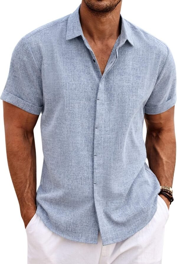 Men's Linen Shirts Short Sleeve Casual Shirts Button Down Shirt for Men Beach Summer Wedding Shirt