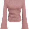 Women's Long Sleeve Shirts 2025 Fall Crop Going Out Tops Casual Boat Neck Bell Sleeve Ribbed Ruched Y2K Clothes