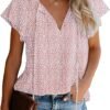 Women's Casual Floral Print V Neck Ruffle Short Sleeve Summer Shirts Tops Loose Blouses