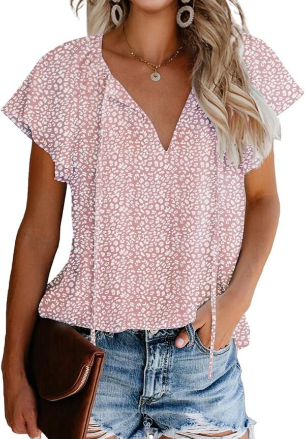 Women's Casual Floral Print V Neck Ruffle Short Sleeve Summer Shirts Tops Loose Blouses