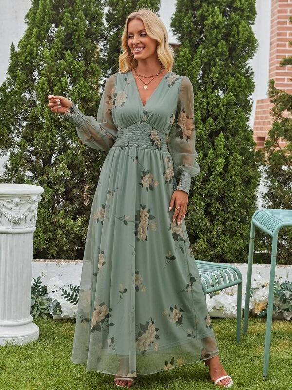 Women's Floral Maxi Dress 2025 Fall V Neck Puff Long Sleeve Flowy Casual Wedding Guest Tee Party Tulle Dresses