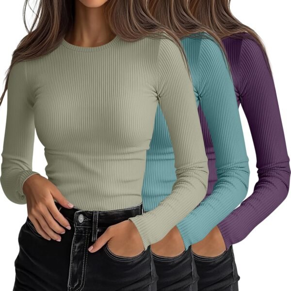 3 Pack Women's Ribbed Long Sleeve Tops. Crew Neck Slim Fit Undershirts Knit Basic Casual Stretch Layering Tee Shirts