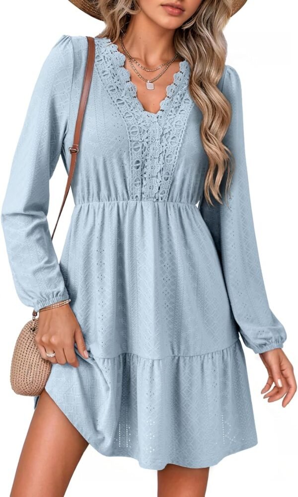 Fall Dresses for Women 2025 Elegant Lace Hollow Out Embroidered V Neck Long Sleeve Casual A-Line Swing Mini Dress