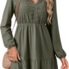 Fall Dresses for Women 2025 Elegant Lace Hollow Out Embroidered V Neck Long Sleeve Casual A-Line Swing Mini Dress