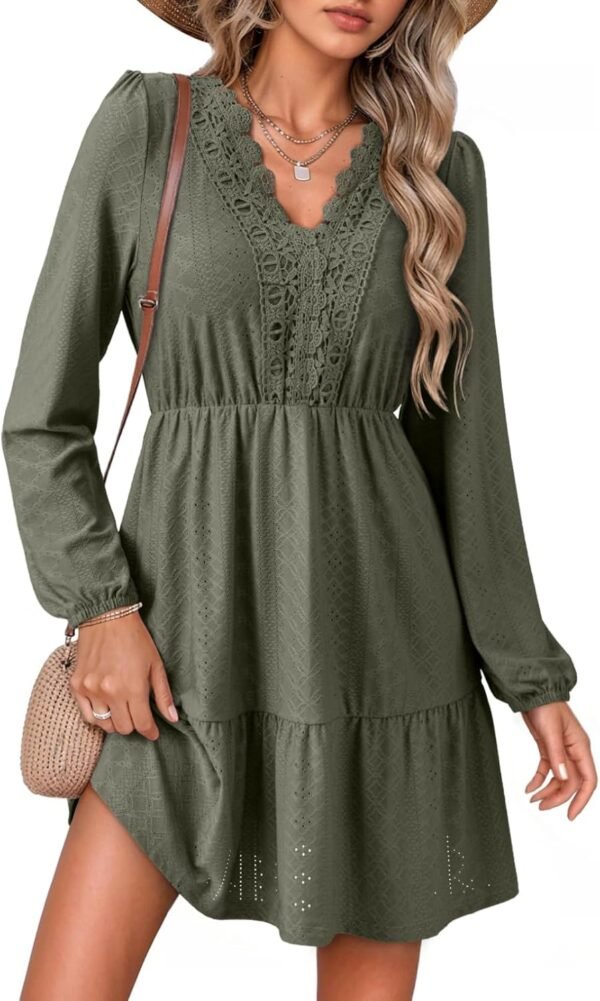 Fall Dresses for Women 2025 Elegant Lace Hollow Out Embroidered V Neck Long Sleeve Casual A-Line Swing Mini Dress