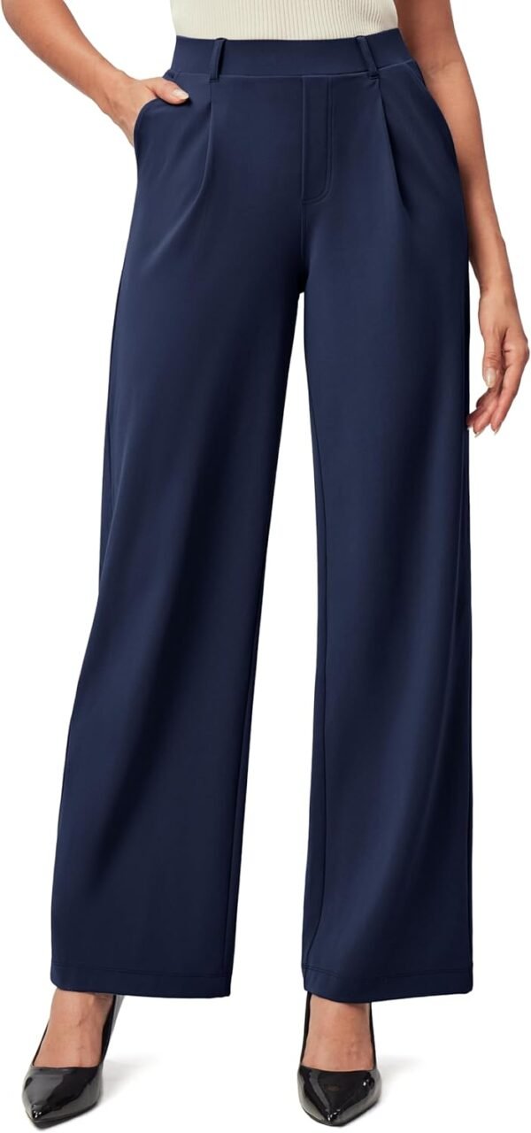 Womens Dress Pants Wide Leg Pull On Stretchy Work Pants Women High Waisted Business Casual Trousers with Pockets