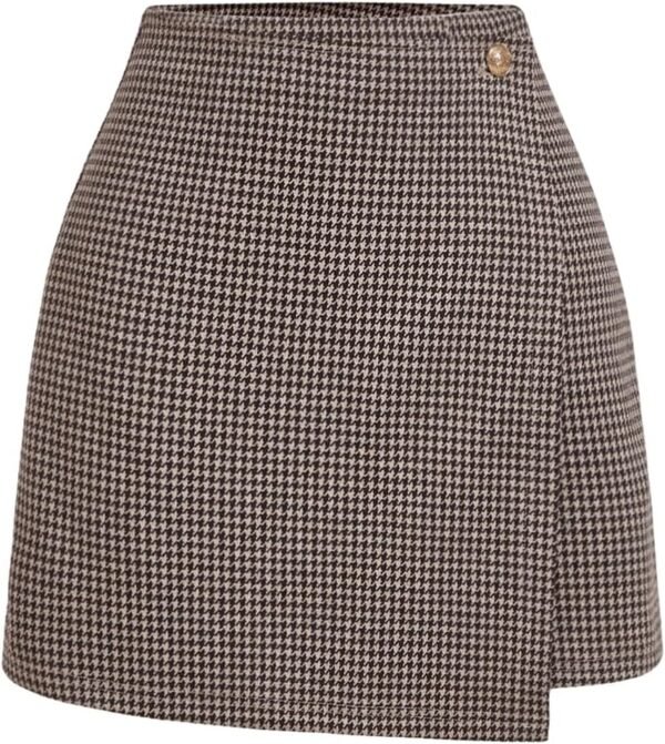 Women's Houndstooth Print Tie Front Skorts Asymmetrical Hem High Waist Skirt Shorts