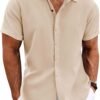 Men's Linen Shirts Short Sleeve Casual Shirts Button Down Shirt for Men Beach Summer Wedding Shirt