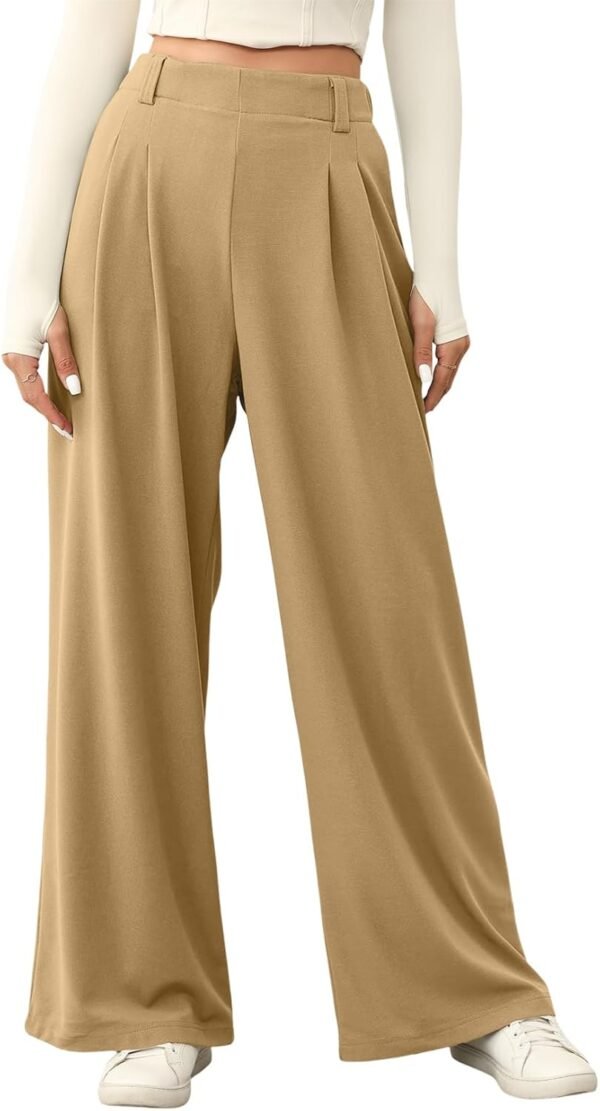 Women's Wide Leg Pants Elastic High Waisted Waffle Knit Casual Palazzo Pants Trousers with Pockets