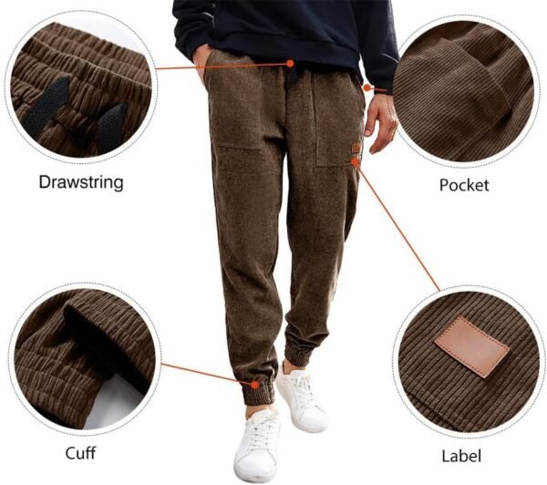 Mens Corduroy Joggers Pants Casual Cargo Pants Drawstring Elastic Waist Baggy Tapered Sweatpants with Pockets