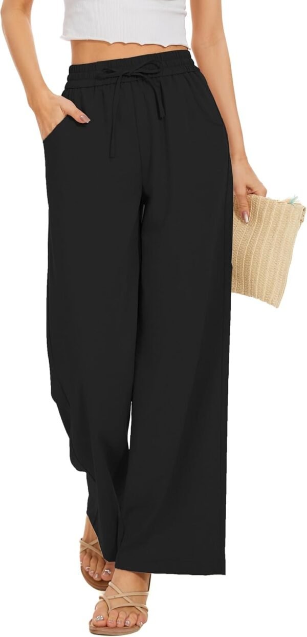 Women Flowy Pants Drawstring Waist Wide Leg Palazzo Beach Pants Loose Fit with Pockets