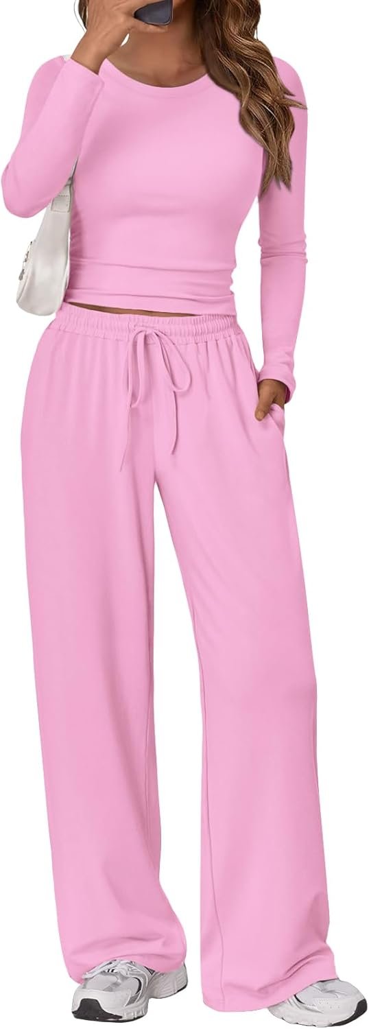 Women's 2 Piece Matching Lounge Set Long Sleeve Slightly Crop Top Wide Leg Pants Casual Sweatsuit