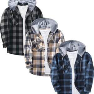 3 Pack Men's Flannel Hoodie Shirts Long Sleeve Casual Vintage Button Down Plaid Shirt Jacket with Pocket