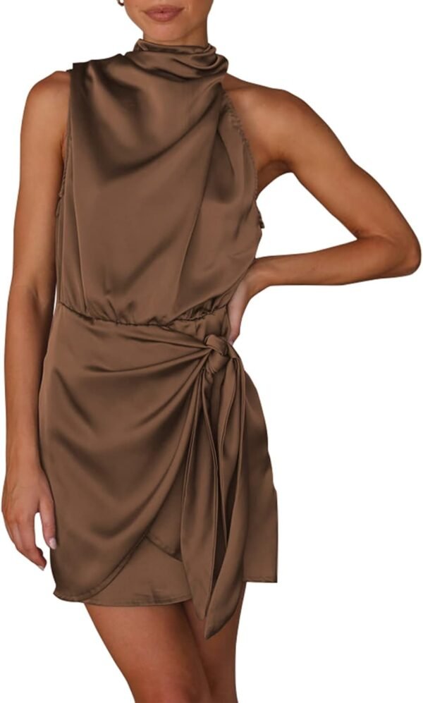 Women's Short Formal Satin Dress Summer Sleeveless Mock Neck Tie Waist Cocktail Party Dresses