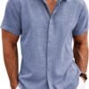 Men's Linen Shirts Short Sleeve Casual Shirts Button Down Shirt for Men Beach Summer Wedding Shirt