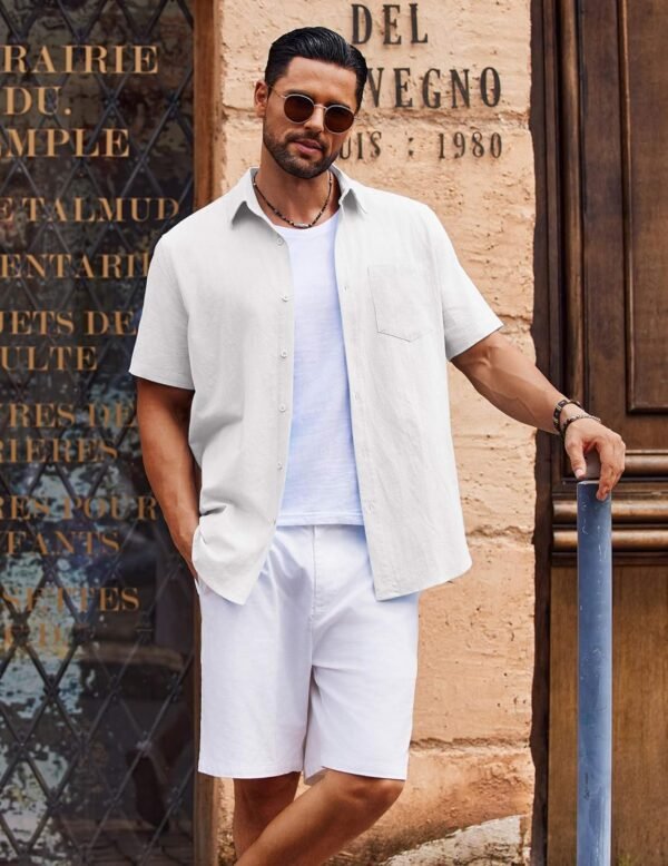 Men's Button Down Short Sleeve Shirt Casual Cotton Summer Beach Linen Wedding Shirts with Pocket