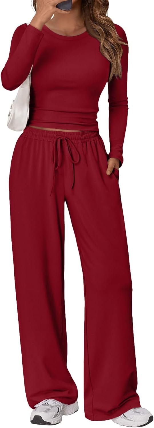 Women's 2 Piece Matching Lounge Set Long Sleeve Slightly Crop Top Wide Leg Pants Casual Sweatsuit