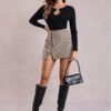 Women's Side Slit Metallic Trim High Waisted Faux Leather Short Skirts