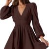 Mini Deep V Sexy Long Sleeve Dress for Women A-line High Waisted Casual Flowy Dress for Cocktail Wedding Guest