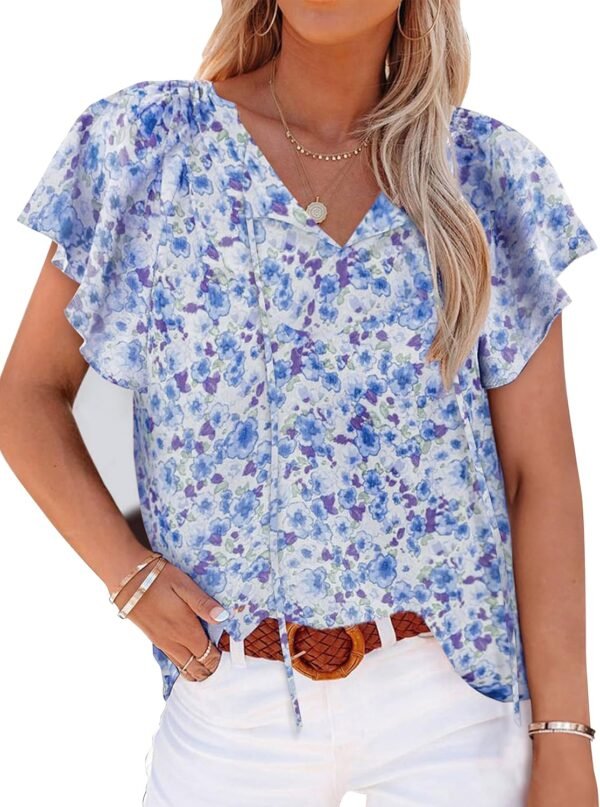 Women's Casual Floral Print V Neck Ruffle Short Sleeve Summer Shirts Tops Loose Blouses