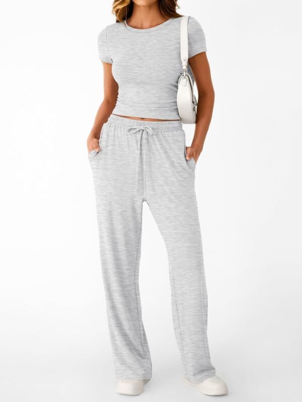 2 Piece Matching Summer Sweatsuit Lounge Set Womens Wide Leg Pants Side Ruching Crop Top Sets