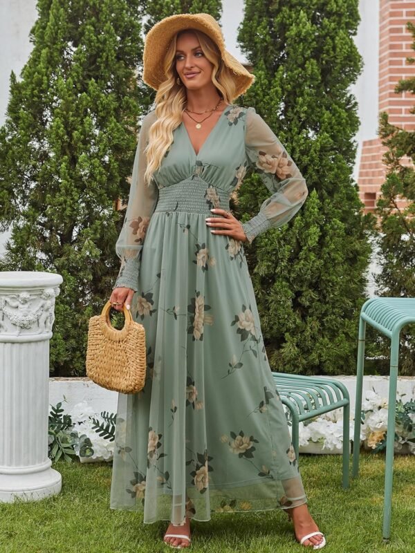 Women's Floral Maxi Dress 2025 Fall V Neck Puff Long Sleeve Flowy Casual Wedding Guest Tee Party Tulle Dresses