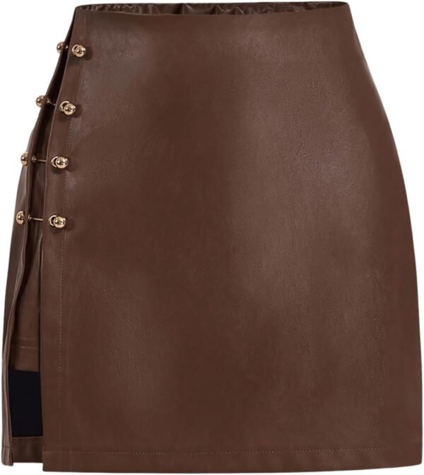 Women's Side Slit Metallic Trim High Waisted Faux Leather Short Skirts