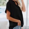Womens Button Down Shirts Short Sleeve Linen Style Cotton Collared Button Up Casual Blouses Oversized Tops with Pocket