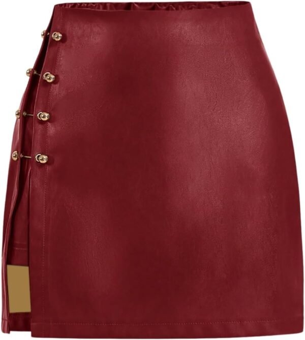 Women's Side Slit Metallic Trim High Waisted Faux Leather Short Skirts