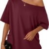 Womens Off The Shoulder Tops Oversized T-Shirts Short Sleeve Tees Summer 2025 Casual Spring Fashion Clothes