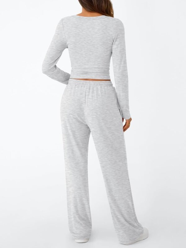 Women's 2 Piece Matching Lounge Set Long Sleeve Slightly Crop Top Wide Leg Pants Casual Sweatsuit