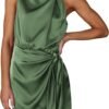 Women's Short Formal Satin Dress Summer Sleeveless Mock Neck Tie Waist Cocktail Party Dresses