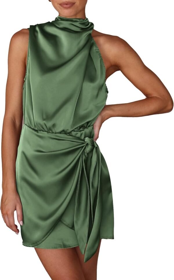 Women's Short Formal Satin Dress Summer Sleeveless Mock Neck Tie Waist Cocktail Party Dresses