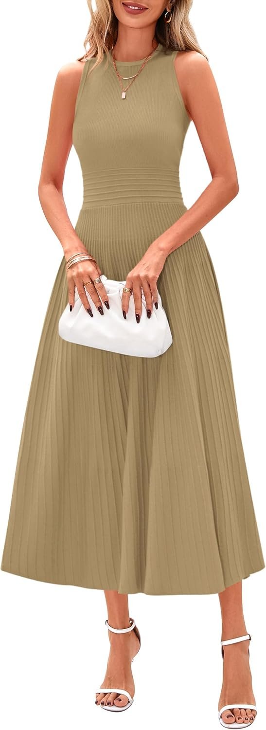 Spring Casual Dresses for Women 2025 Summer Business Work Midi Sleeveless A Line Pleated Cocktail Dress