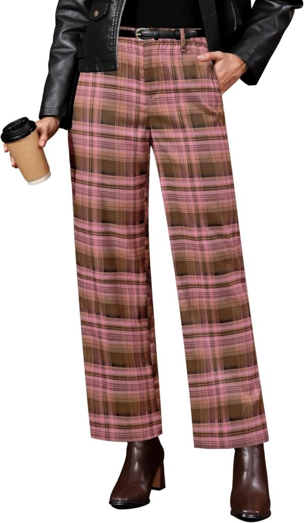 Plaid Pants for Women Wide Leg High Waisted Tartan Work Business Casual Elastic Waist Trousers Pants with Pocket