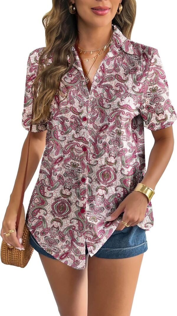 45e5f23ee46e4d30badc418e5f84b1d7 Women Linen Button Down Shirt Rolled Cuffed Short Sleeve Blouse Ladies Summer Casual V Neck Beach Cotton Tops