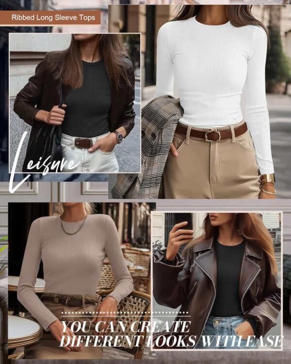 3 Pack Women's Ribbed Long Sleeve Tops. Crew Neck Slim Fit Undershirts Knit Basic Casual Stretch Layering Tee Shirts