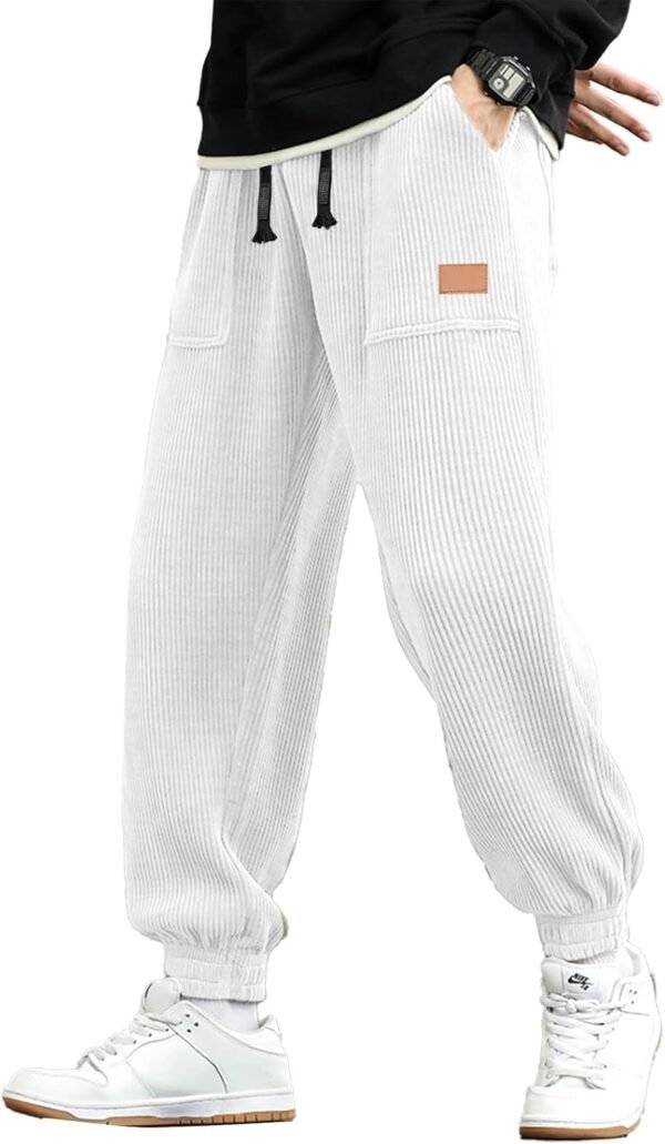 Mens Corduroy Joggers Pants Casual Cargo Pants Drawstring Elastic Waist Baggy Tapered Sweatpants with Pockets